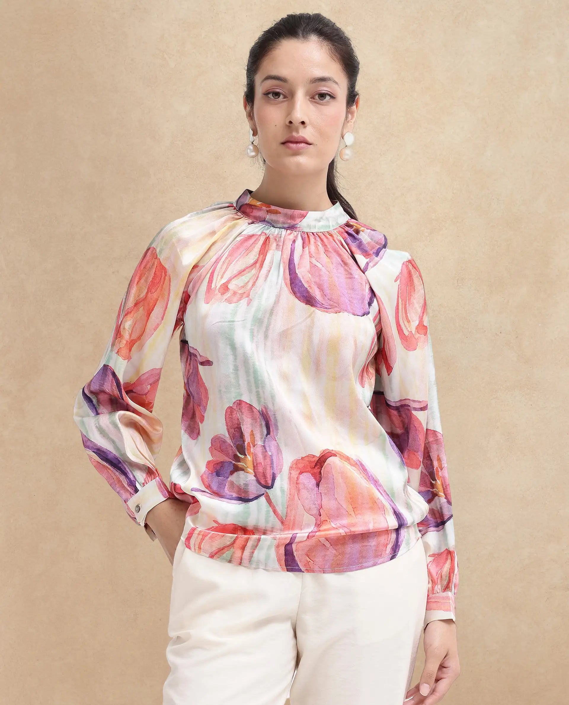 Rareism Women Raylin Light Multi Cuffed Sleeve High Neck Button Relaxed Fit Floral Print Top