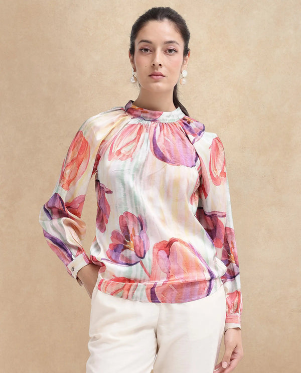 Rareism Women Raylin Light Multi Cuffed Sleeve High Neck Button Relaxed Fit Floral Print Top