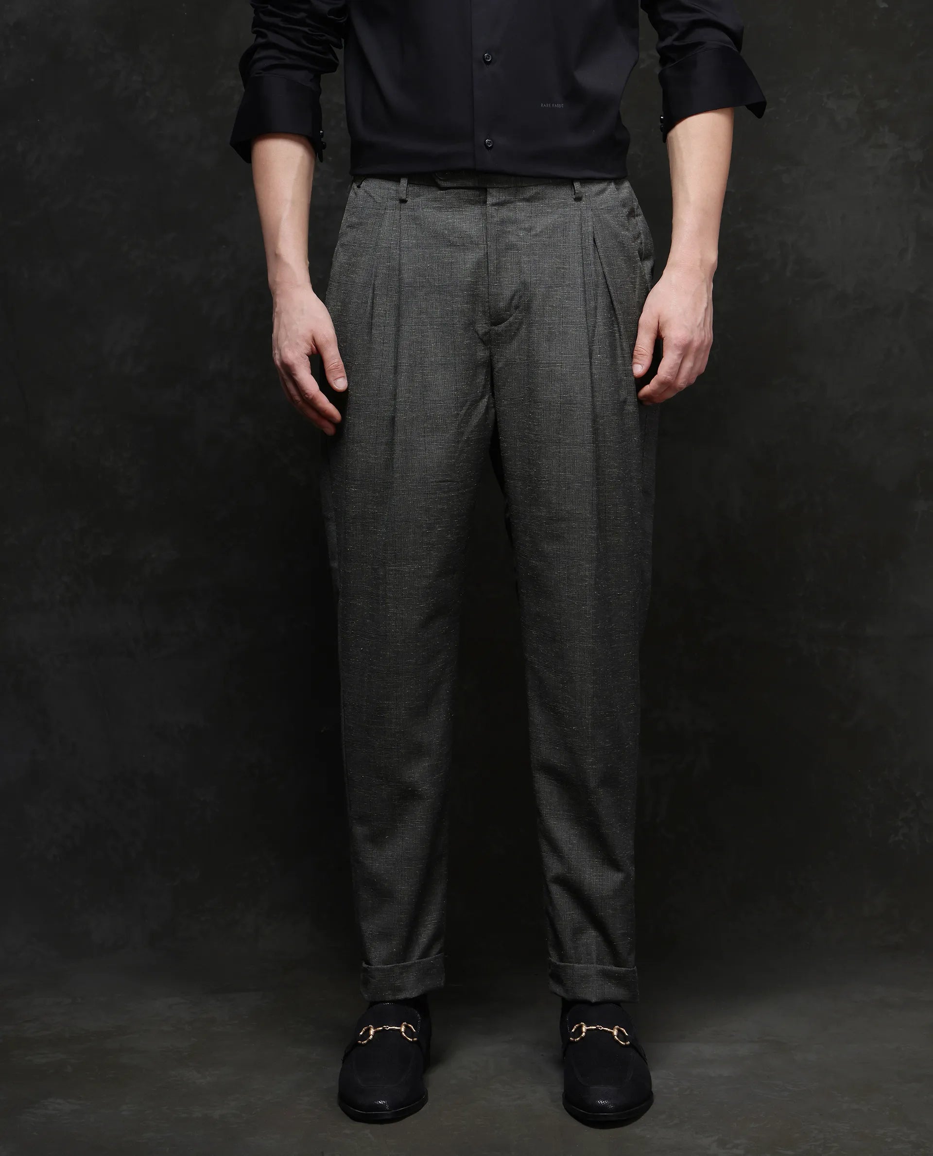 Rare Rabbit Men Renot Dark Green Cotton Blend Fabric Pleated Front with Adjustable Waistband Regular Fit Checks Trouser