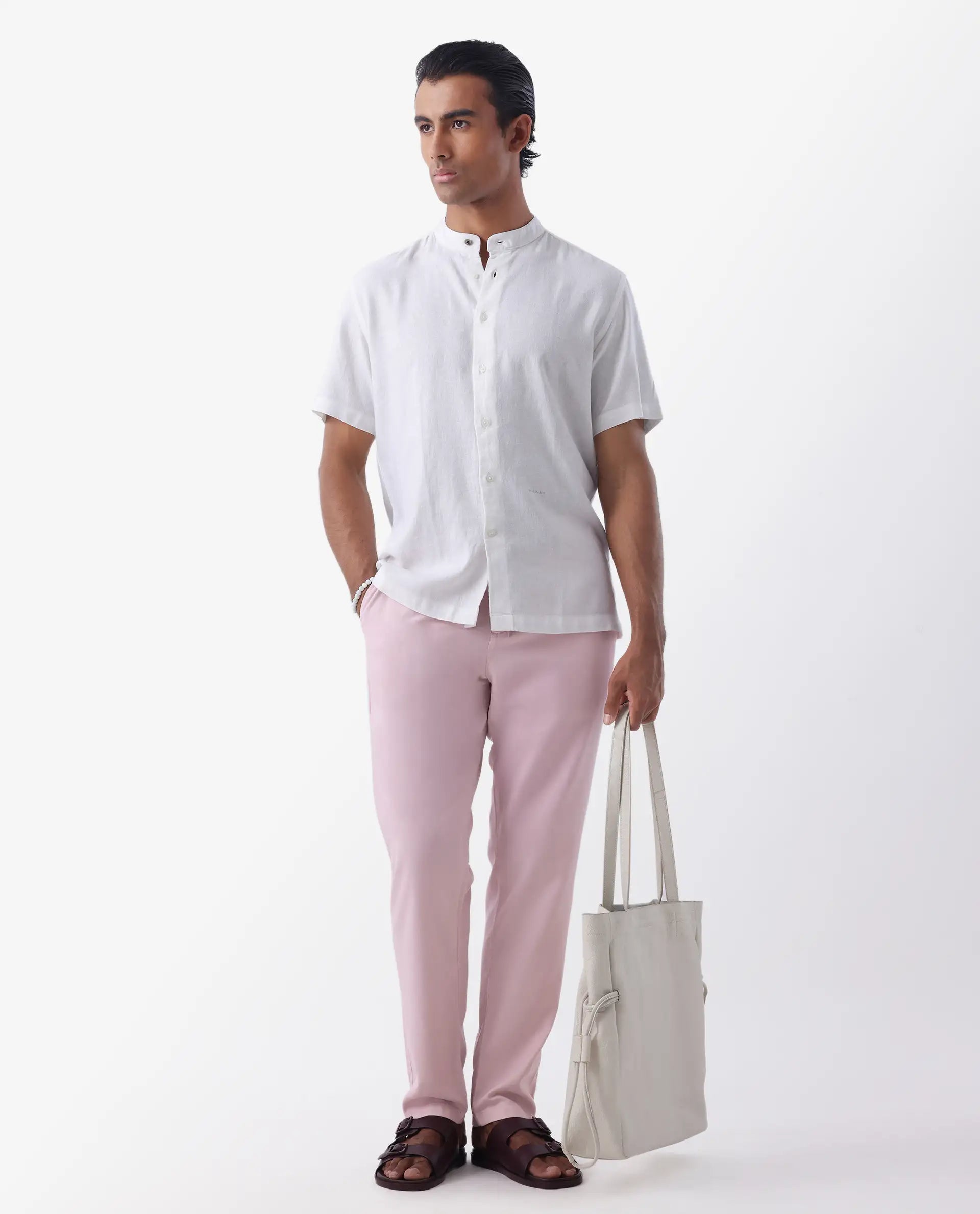 Rare Rabbit Mens Reric Pastel Pink Drawstring Closure Solid Linen Trouser