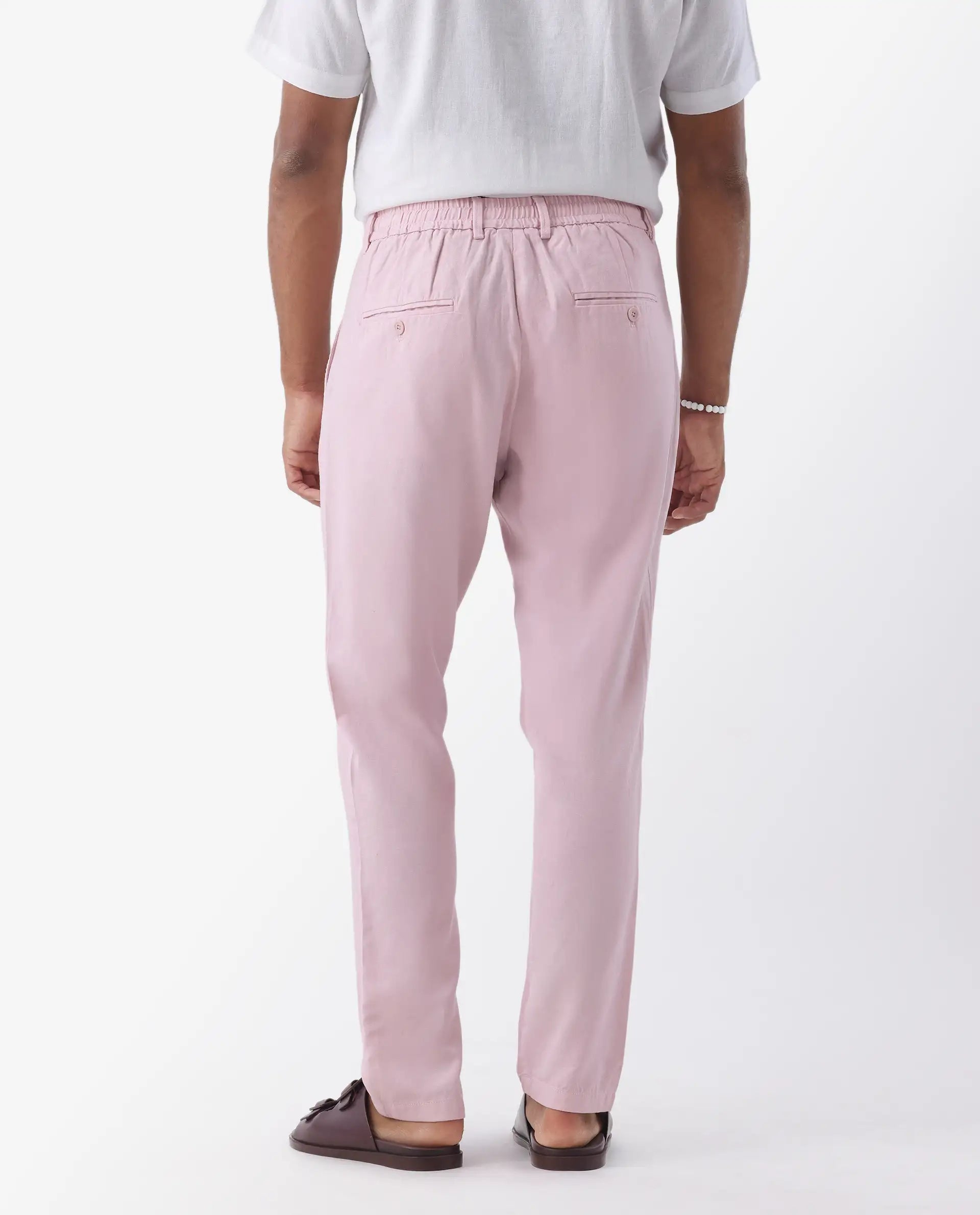 Rare Rabbit Mens Reric Pastel Pink Drawstring Closure Solid Linen Trouser