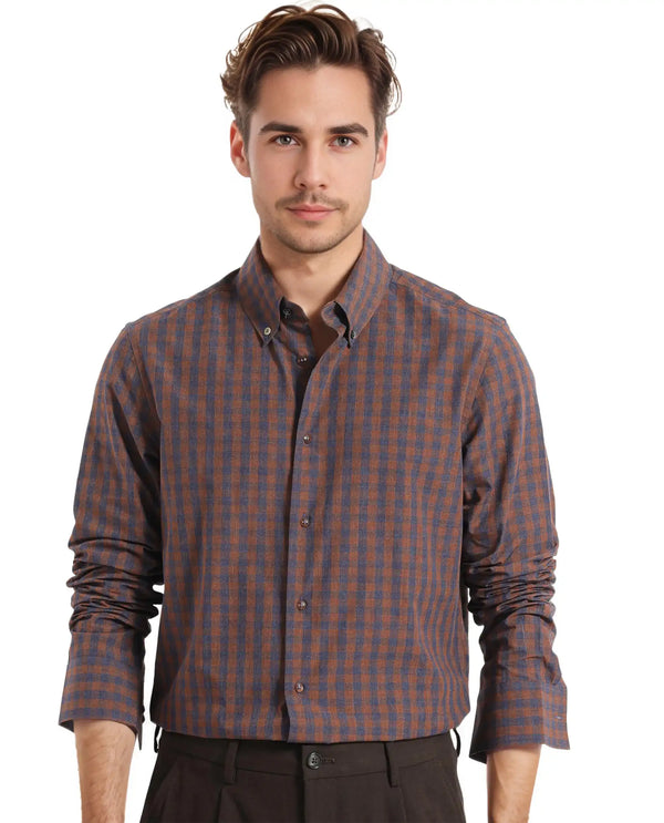Rare Rabbit Men's Rettos Dark Brown Cotton Fabric Full Sleeve Collared Neck Regular Fit Checks Shirt