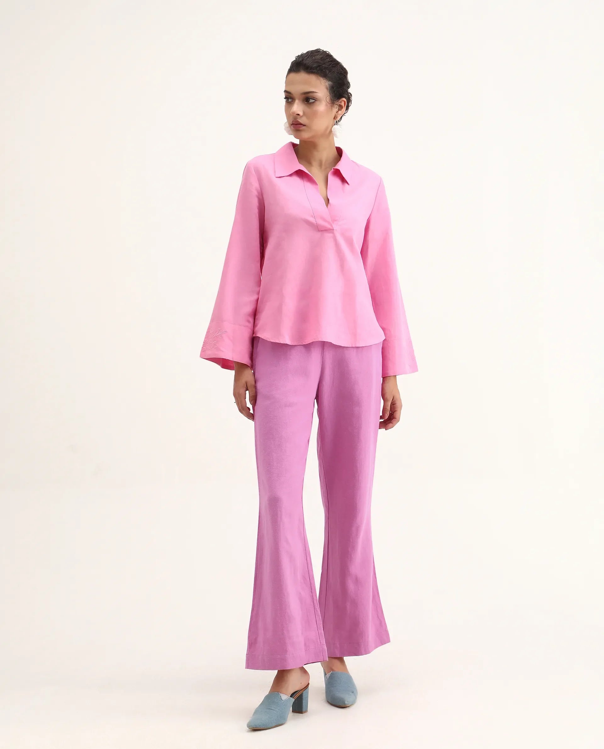 Rareism Women Rica Pastel Pink Cotton Linen Fabric Zip Closure Wide Leg Fit Plain Ankle Length Trousers