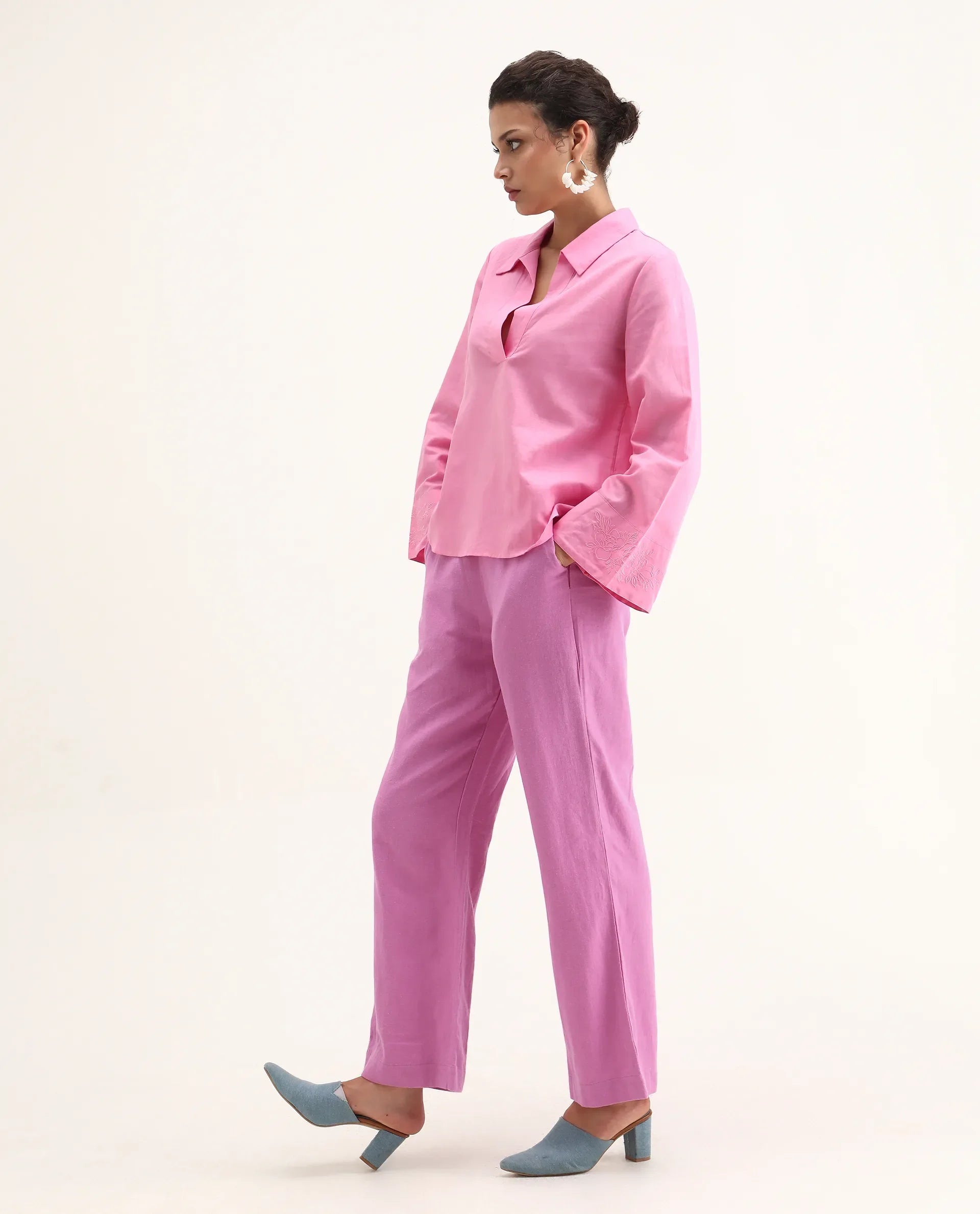 Rareism Women Rica Pastel Pink Cotton Linen Fabric Zip Closure Wide Leg Fit Plain Ankle Length Trousers