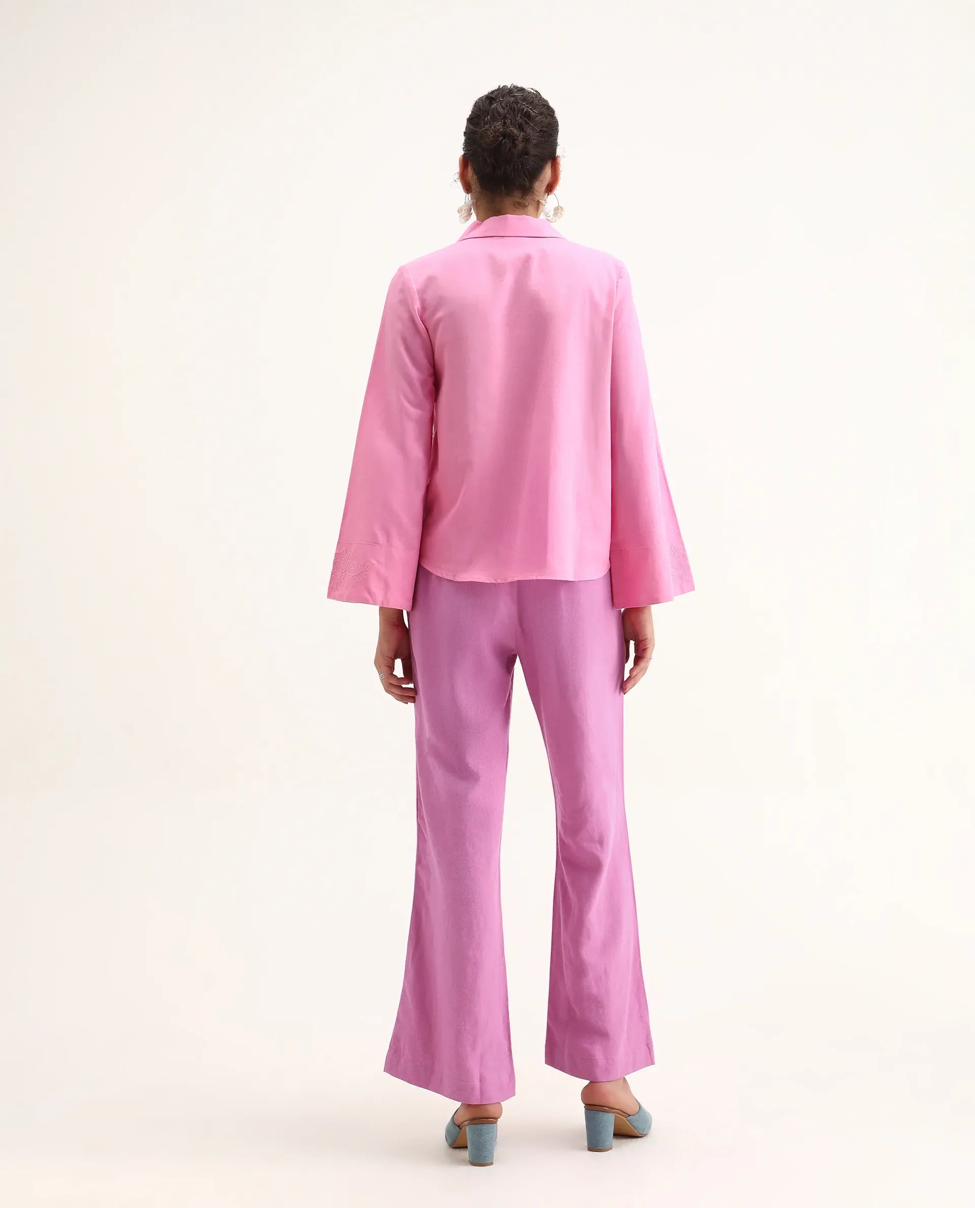 Rareism Women Rica Pastel Pink Cotton Linen Fabric Zip Closure Wide Leg Fit Plain Ankle Length Trousers