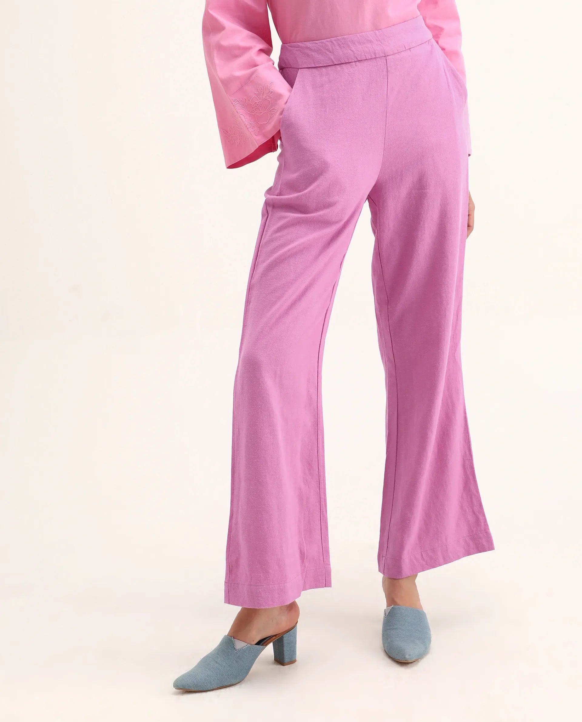 Rareism Women Rica Pastel Pink Cotton Linen Fabric Zip Closure Wide Leg Fit Plain Ankle Length Trousers