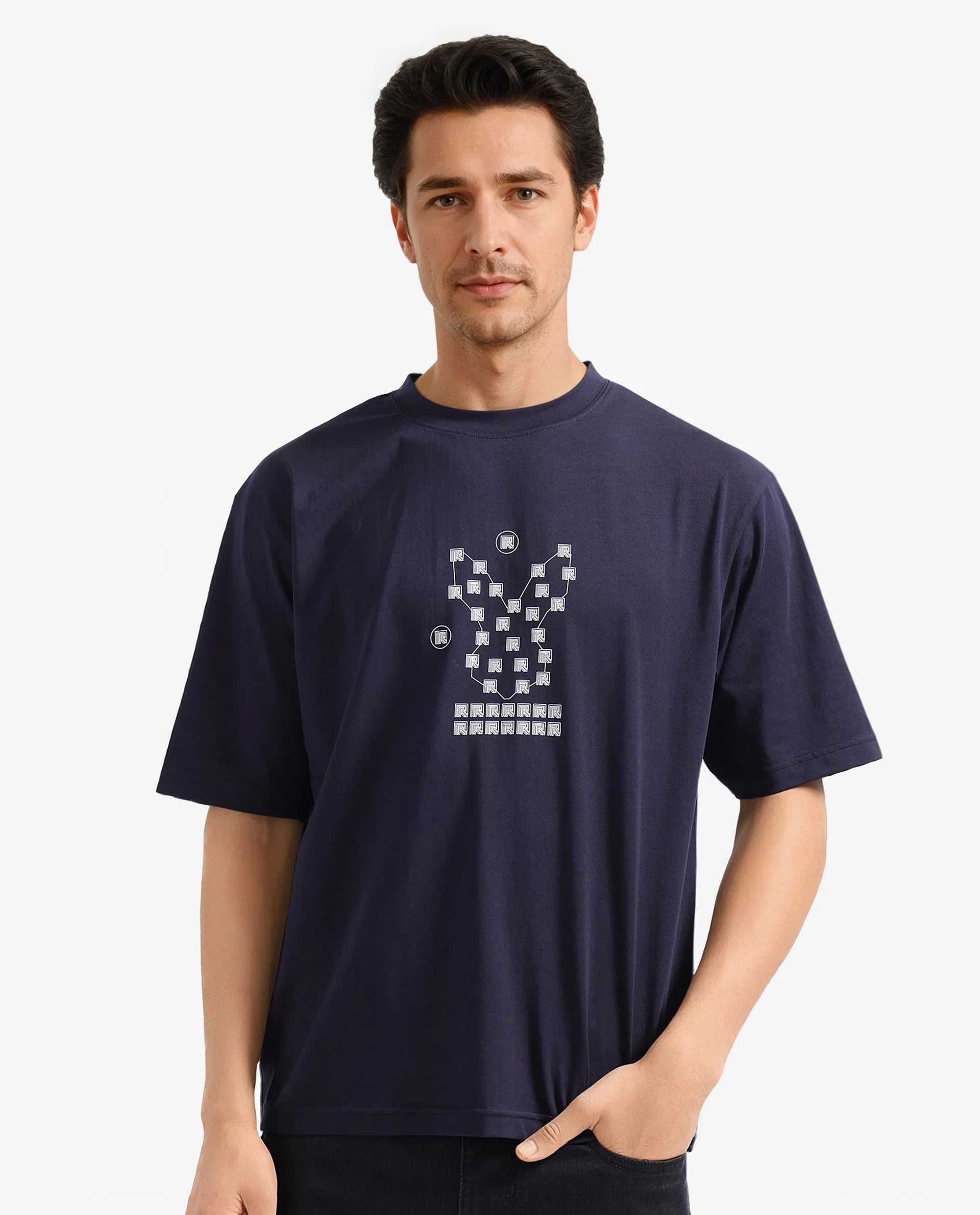 Rare Rabbit Men Rin Navy Short Sleeves Crew Neck Boxy Fit HD Print T-Shirt
