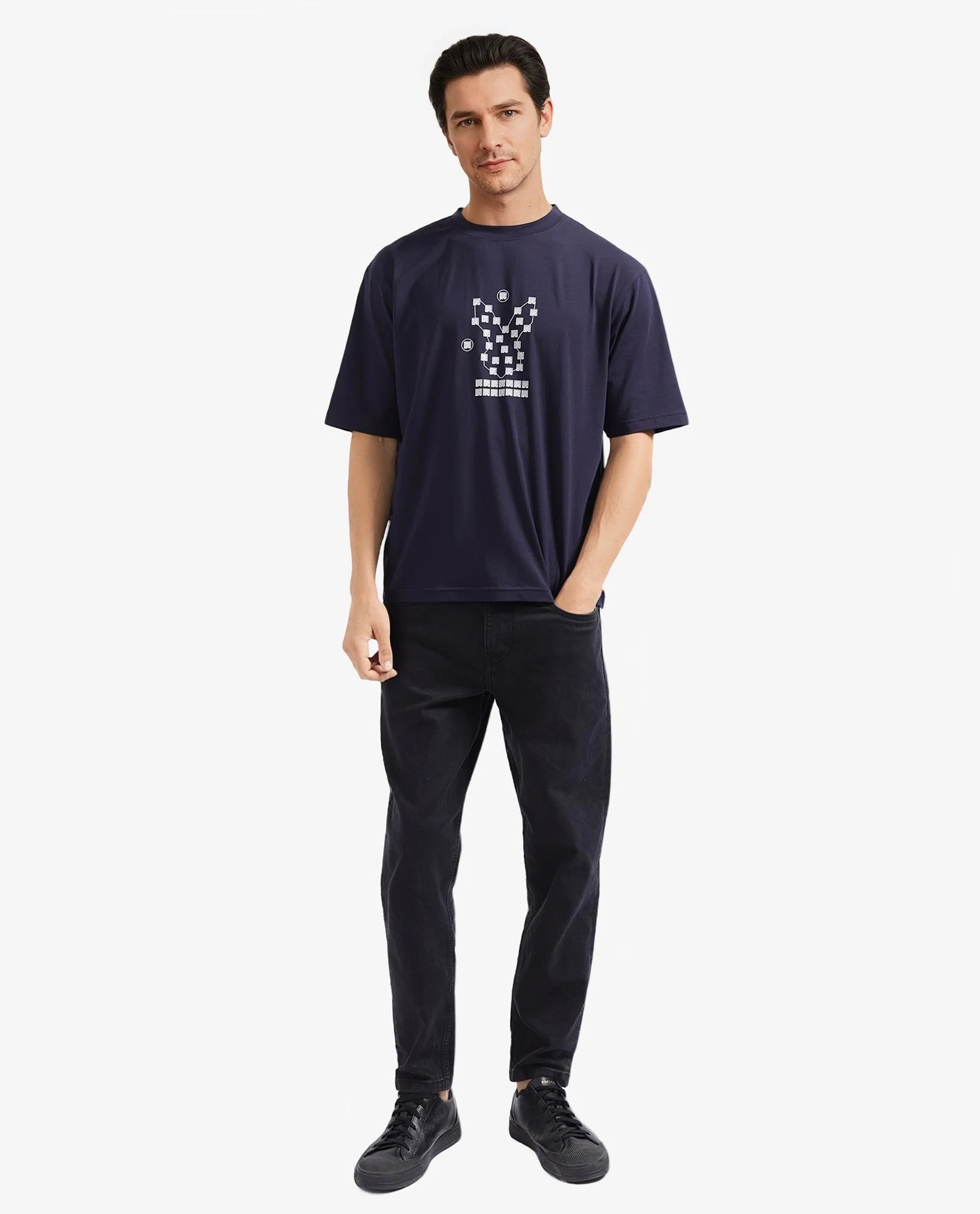 Rare Rabbit Men Rin Navy Short Sleeves Crew Neck Boxy Fit HD Print T-Shirt