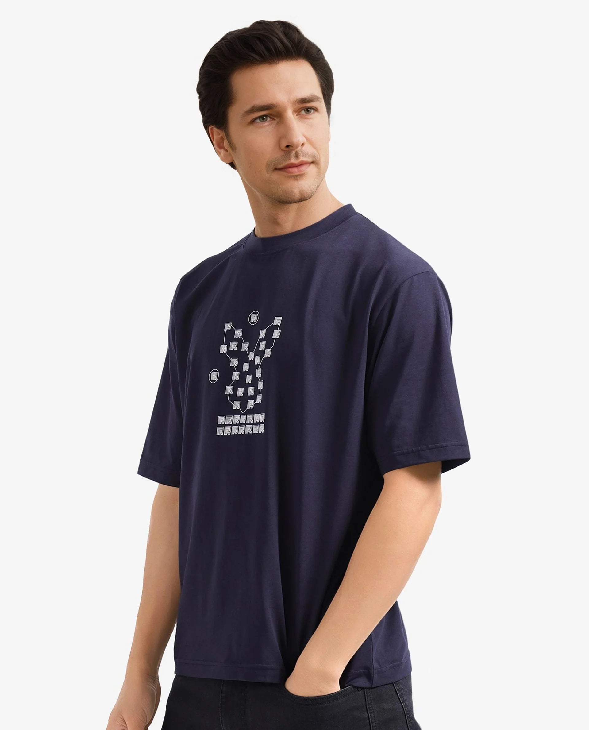 Rare Rabbit Men Rin Navy Short Sleeves Crew Neck Boxy Fit HD Print T-Shirt