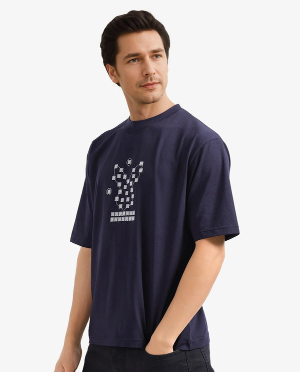 Rare Rabbit Men Rin Navy Short Sleeves Crew Neck Boxy Fit HD Print T-Shirt