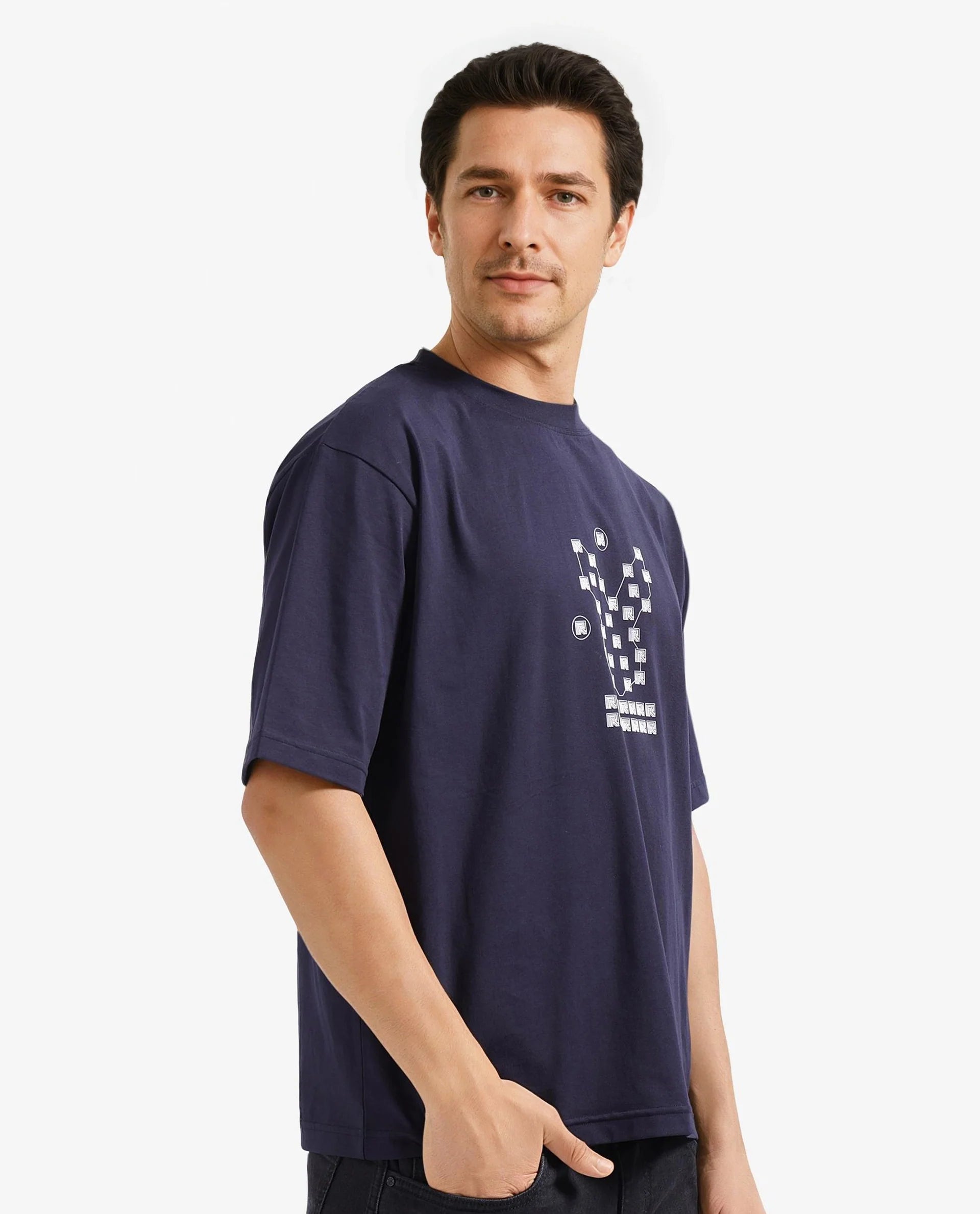 Rare Rabbit Men Rin Navy Short Sleeves Crew Neck Boxy Fit HD Print T-Shirt