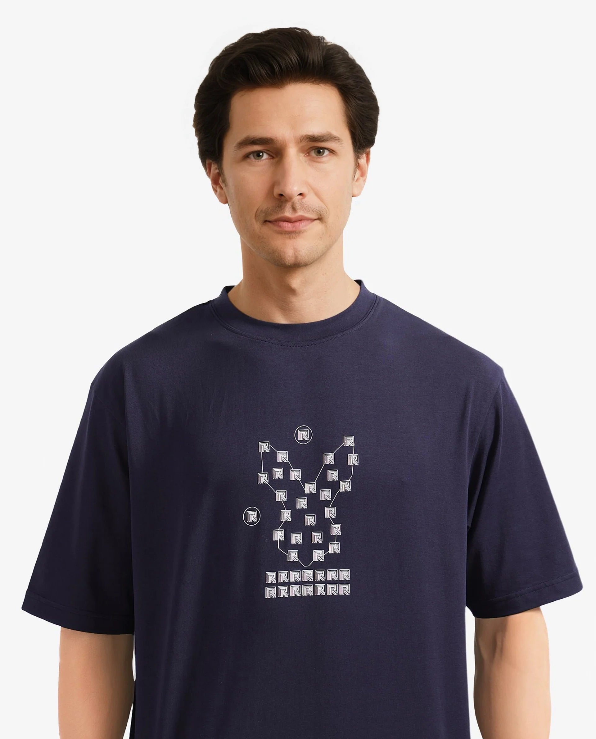 Rare Rabbit Men Rin Navy Short Sleeves Crew Neck Boxy Fit HD Print T-Shirt