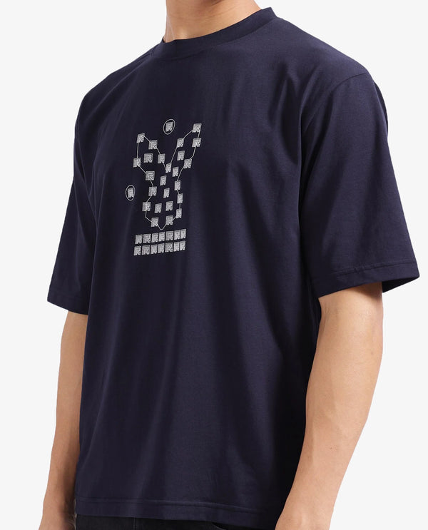 Rare Rabbit Men Rin Navy Short Sleeves Crew Neck Boxy Fit HD Print T-Shirt