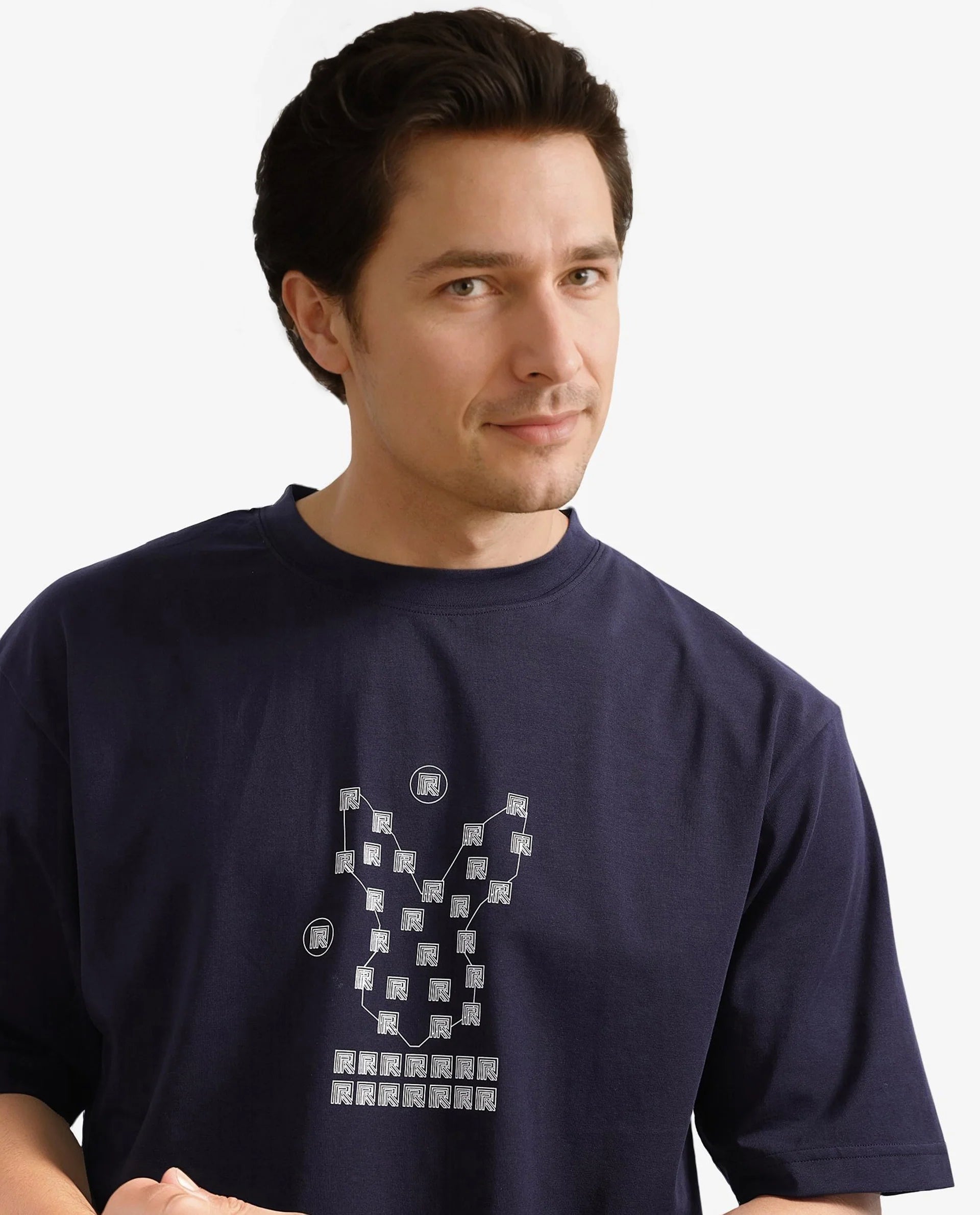 Rare Rabbit Men Rin Navy Short Sleeves Crew Neck Boxy Fit HD Print T-Shirt