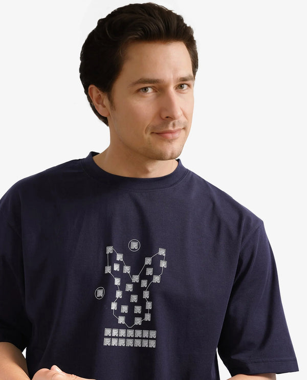 Rare Rabbit Men Rin Navy Short Sleeves Crew Neck Boxy Fit HD Print T-Shirt