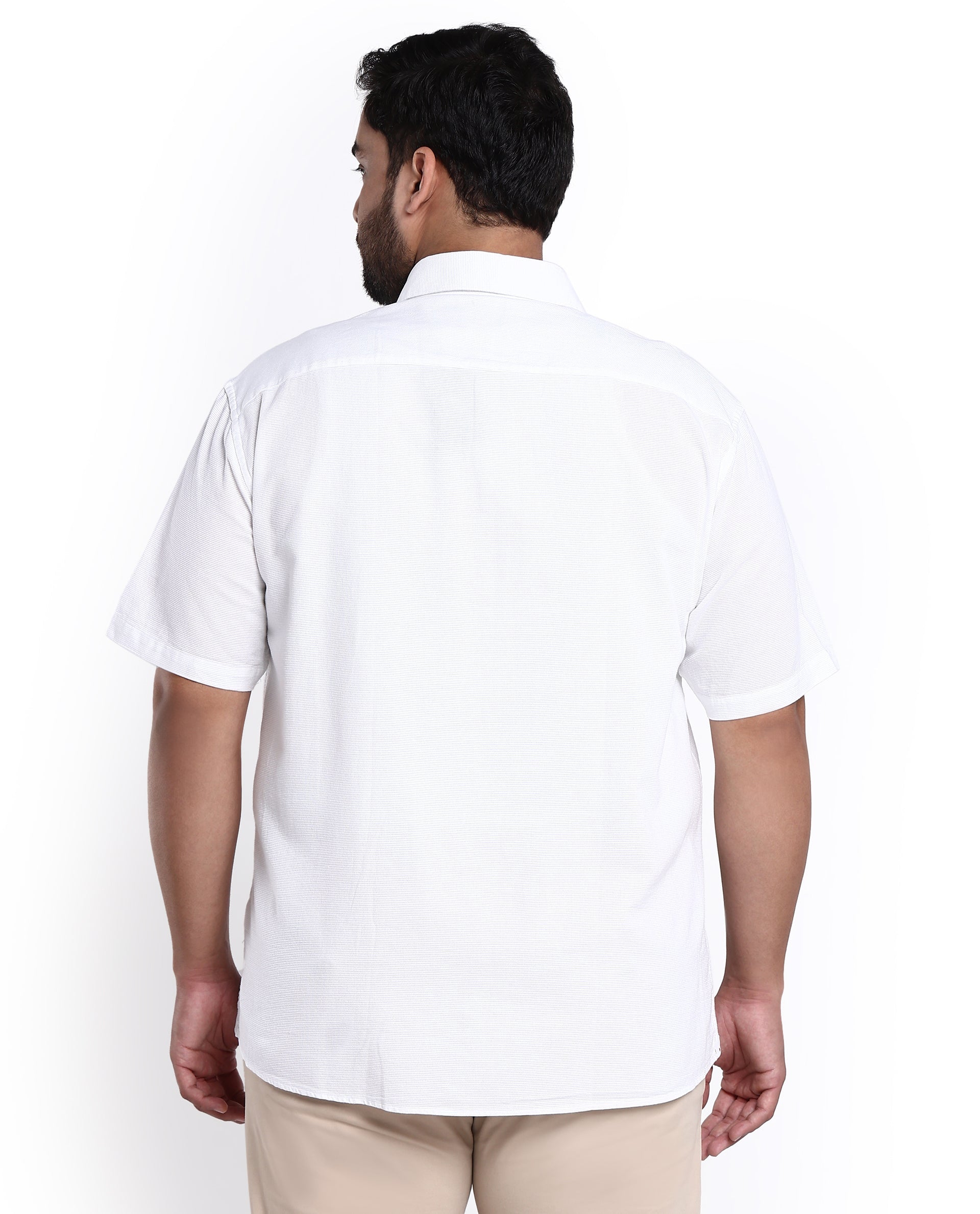 Rare Rabbit Men's Rissa White Cotton Fabric Half Sleeves Solid Dobby Shirt Plus Size