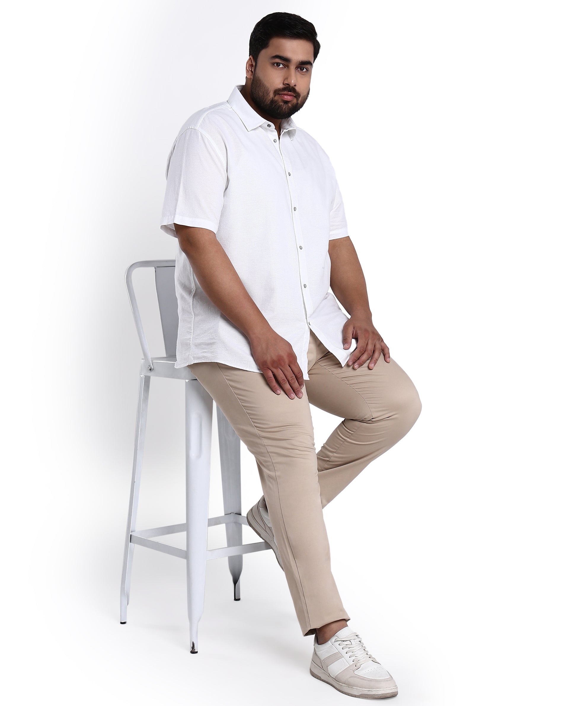 Rare Rabbit Men's Rissa White Cotton Fabric Half Sleeves Solid Dobby Shirt Plus Size