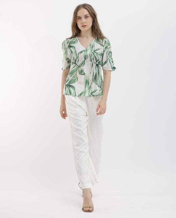 Rareism Women Riter Green Cotton Fabric Short Sleeves V-Neck Puff Sleeve Regular Fit Abstract Print Top