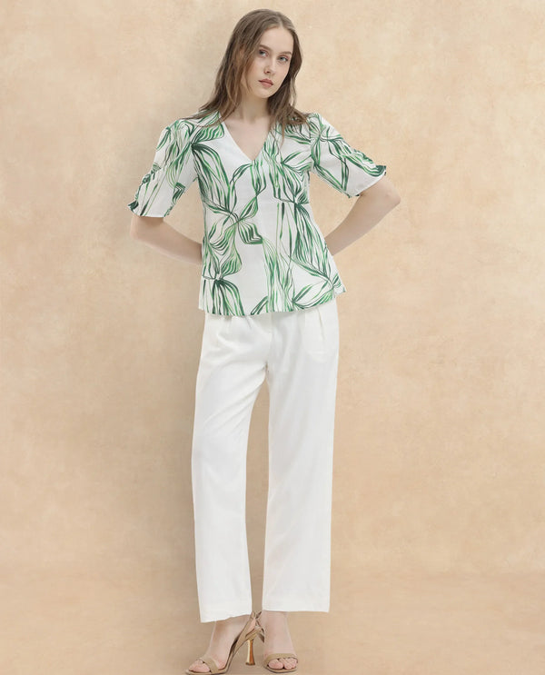 Rareism Women Riter Green Cotton Fabric Short Sleeves V-Neck Puff Sleeve Regular Fit Abstract Print Top