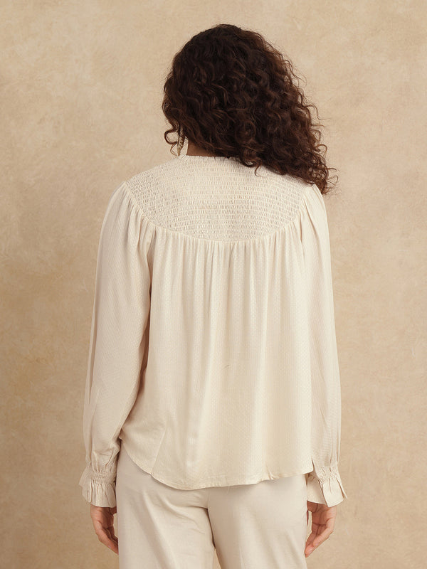 Rareism Women Ronavi-T Beige 100% Viscose Fabric Raglan Sleeve Ruffled Neck Relaxed Fit Paisley Print Top