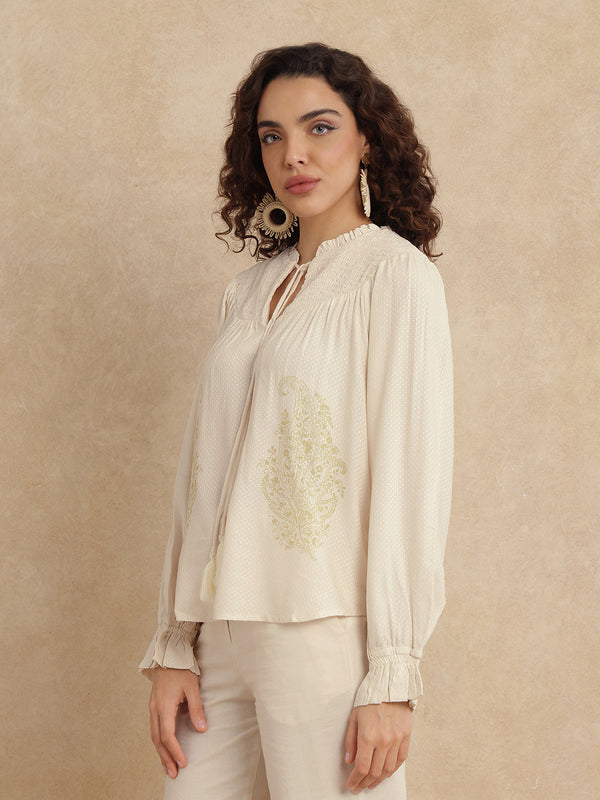Rareism Women Ronavi-T Beige 100% Viscose Fabric Raglan Sleeve Ruffled Neck Relaxed Fit Paisley Print Top