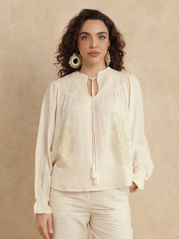 Rareism Women Ronavi-T Beige 100% Viscose Fabric Raglan Sleeve Ruffled Neck Relaxed Fit Paisley Print Top