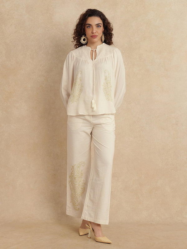 Rareism Women Ronavi-T Beige 100% Viscose Fabric Raglan Sleeve Ruffled Neck Relaxed Fit Paisley Print Top