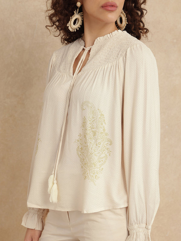 Rareism Women Ronavi-T Beige 100% Viscose Fabric Raglan Sleeve Ruffled Neck Relaxed Fit Paisley Print Top