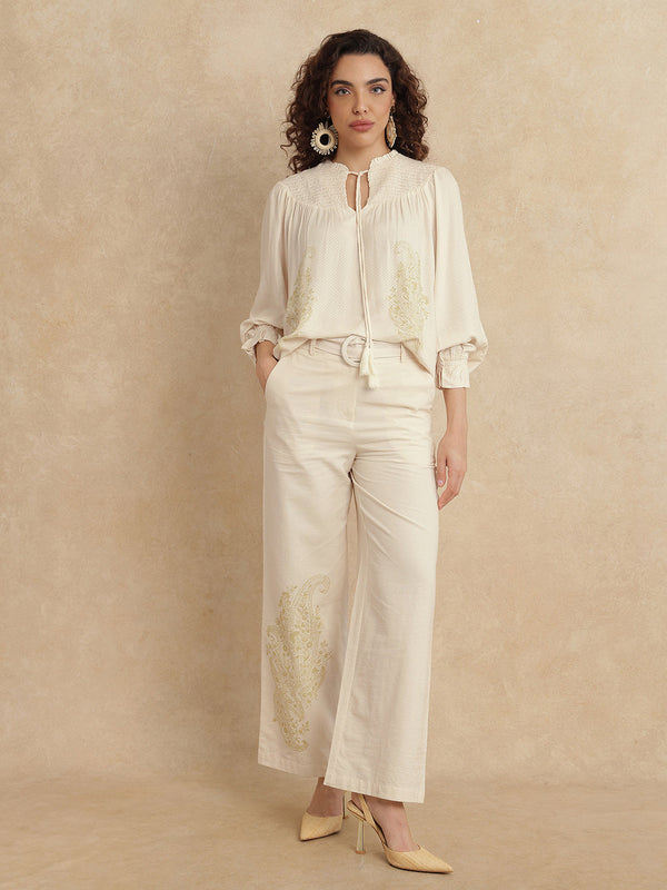 Rareism Women Ronavi-T Beige 100% Viscose Fabric Raglan Sleeve Ruffled Neck Relaxed Fit Paisley Print Top