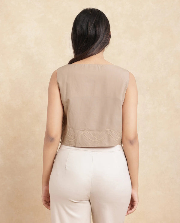 Rareism Women Roneshif-T Beige 100% Viscose Fabric Sleeveless Round Neck Regular Fit Cropped Plain Top