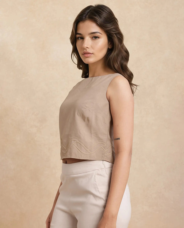Rareism Women Roneshif-T Beige 100% Viscose Fabric Sleeveless Round Neck Regular Fit Cropped Plain Top