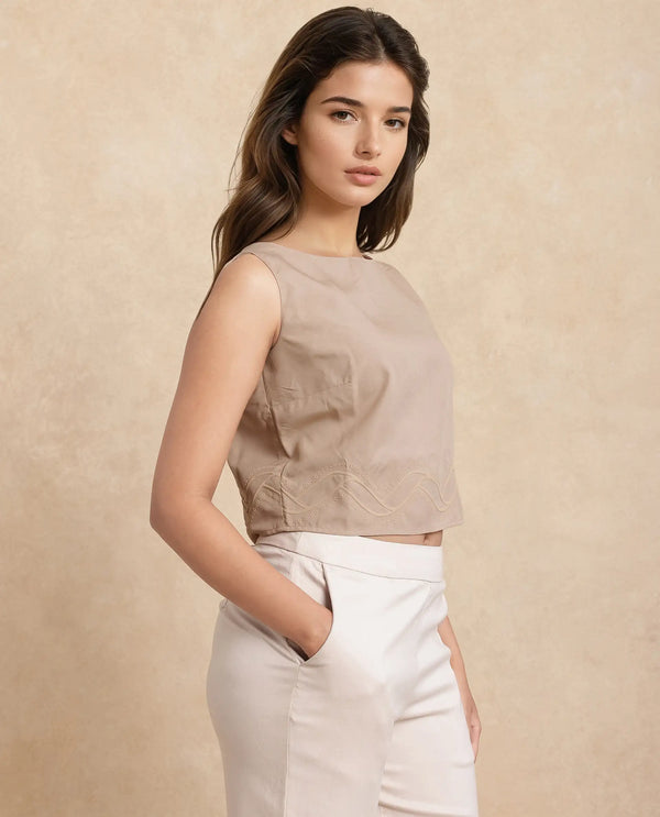 Rareism Women Roneshif-T Beige 100% Viscose Fabric Sleeveless Round Neck Regular Fit Cropped Plain Top