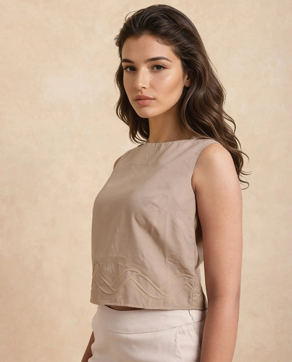 Rareism Women Roneshif-T Beige 100% Viscose Fabric Sleeveless Round Neck Regular Fit Cropped Plain Top