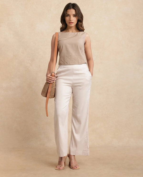 Rareism Women Roneshif-T Beige 100% Viscose Fabric Sleeveless Round Neck Regular Fit Cropped Plain Top