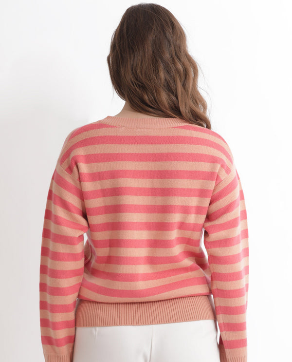 Rareism Women Ronnie Dark Pink Acrylic Fabric Full Sleeves V-Neck Relaxed Fit Striped Sweater