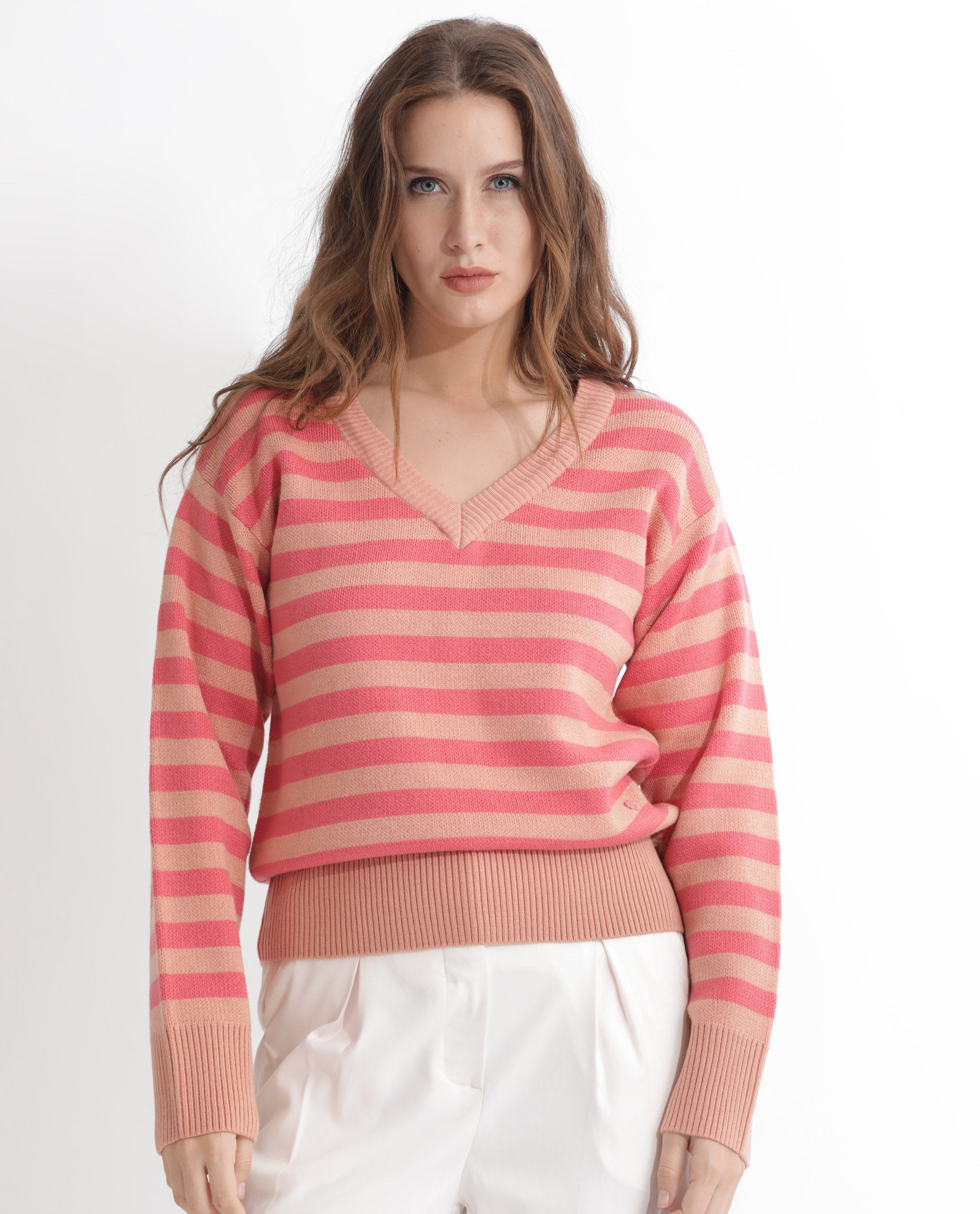 Rareism Women Ronnie Dark Pink Acrylic Fabric Full Sleeves V-Neck Relaxed Fit Striped Sweater
