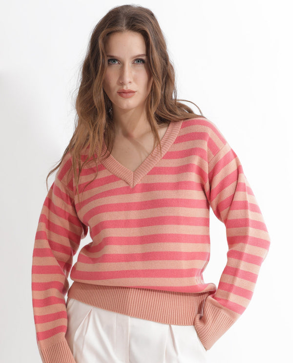 Rareism Women Ronnie Dark Pink Acrylic Fabric Full Sleeves V-Neck Relaxed Fit Striped Sweater