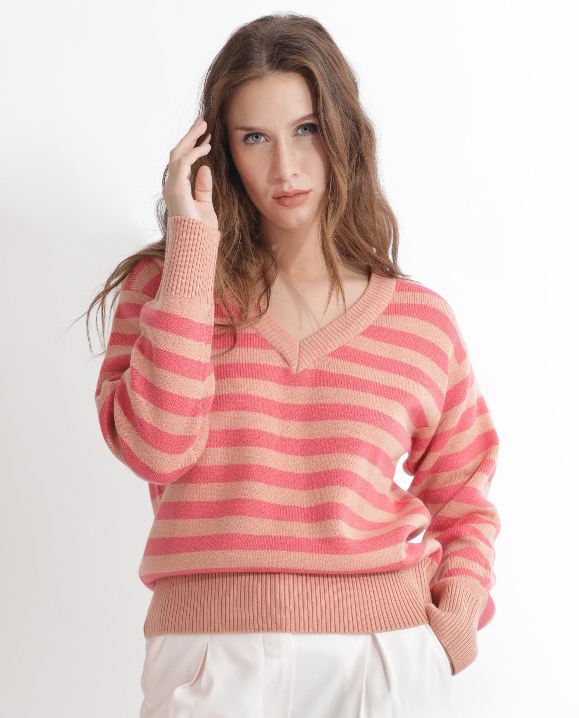 Rareism Women Ronnie Dark Pink Acrylic Fabric Full Sleeves V-Neck Relaxed Fit Striped Sweater