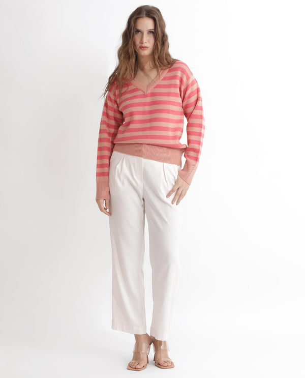 Rareism Women Ronnie Dark Pink Acrylic Fabric Full Sleeves V-Neck Relaxed Fit Striped Sweater