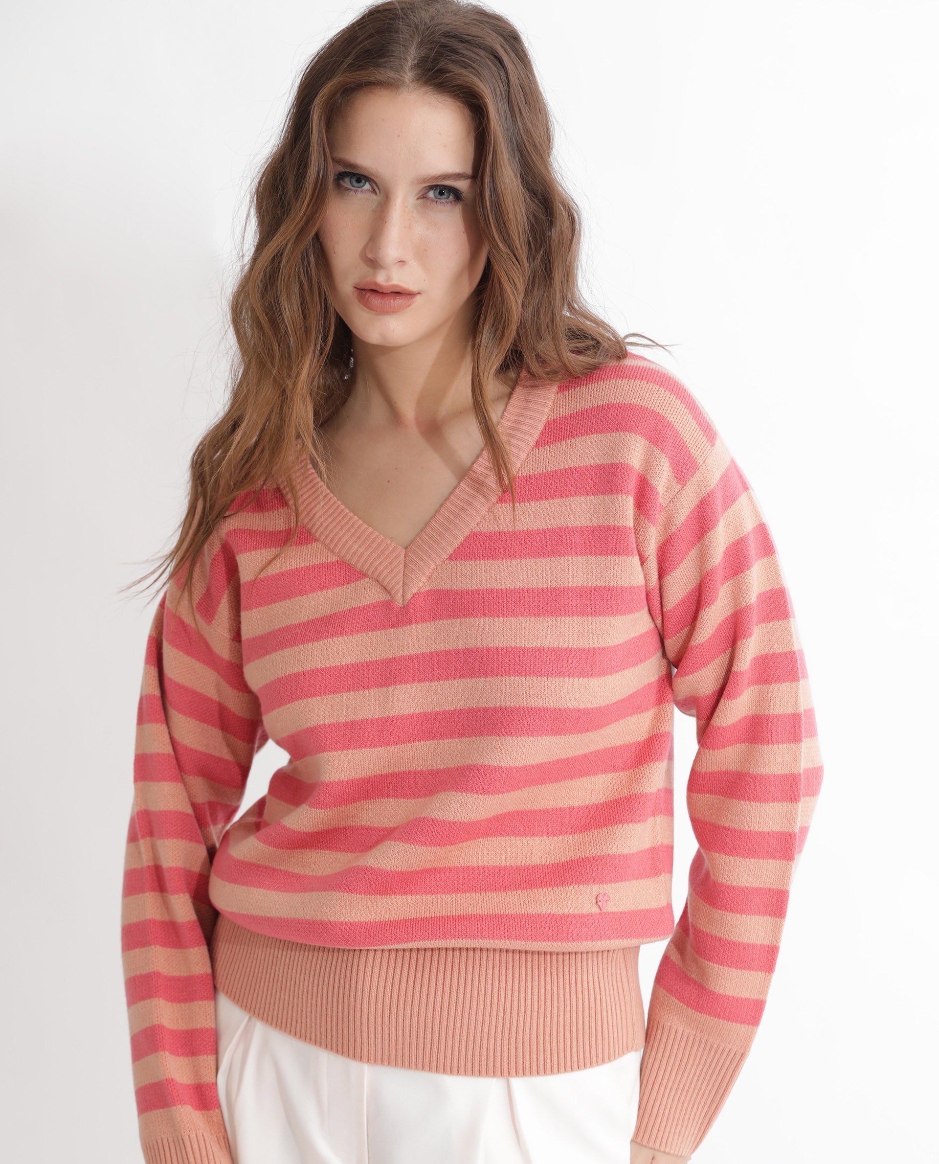 Rareism Women Ronnie Dark Pink Acrylic Fabric Full Sleeves V-Neck Relaxed Fit Striped Sweater