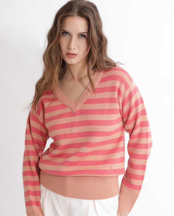 Rareism Women Ronnie Dark Pink Acrylic Fabric Full Sleeves V-Neck Relaxed Fit Striped Sweater