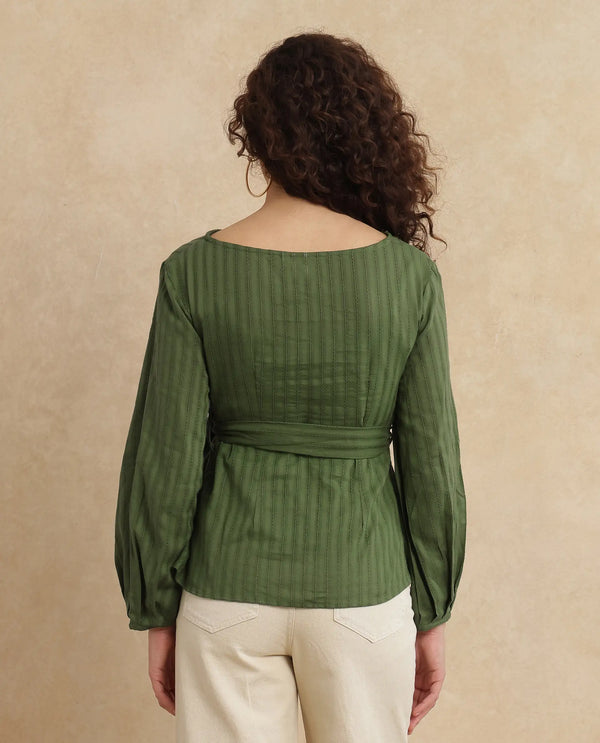 Rareism Women Rono Green 100% Cotton Fabric Cuffed Sleeve Ruffled Neck Regular Fit Plain Top