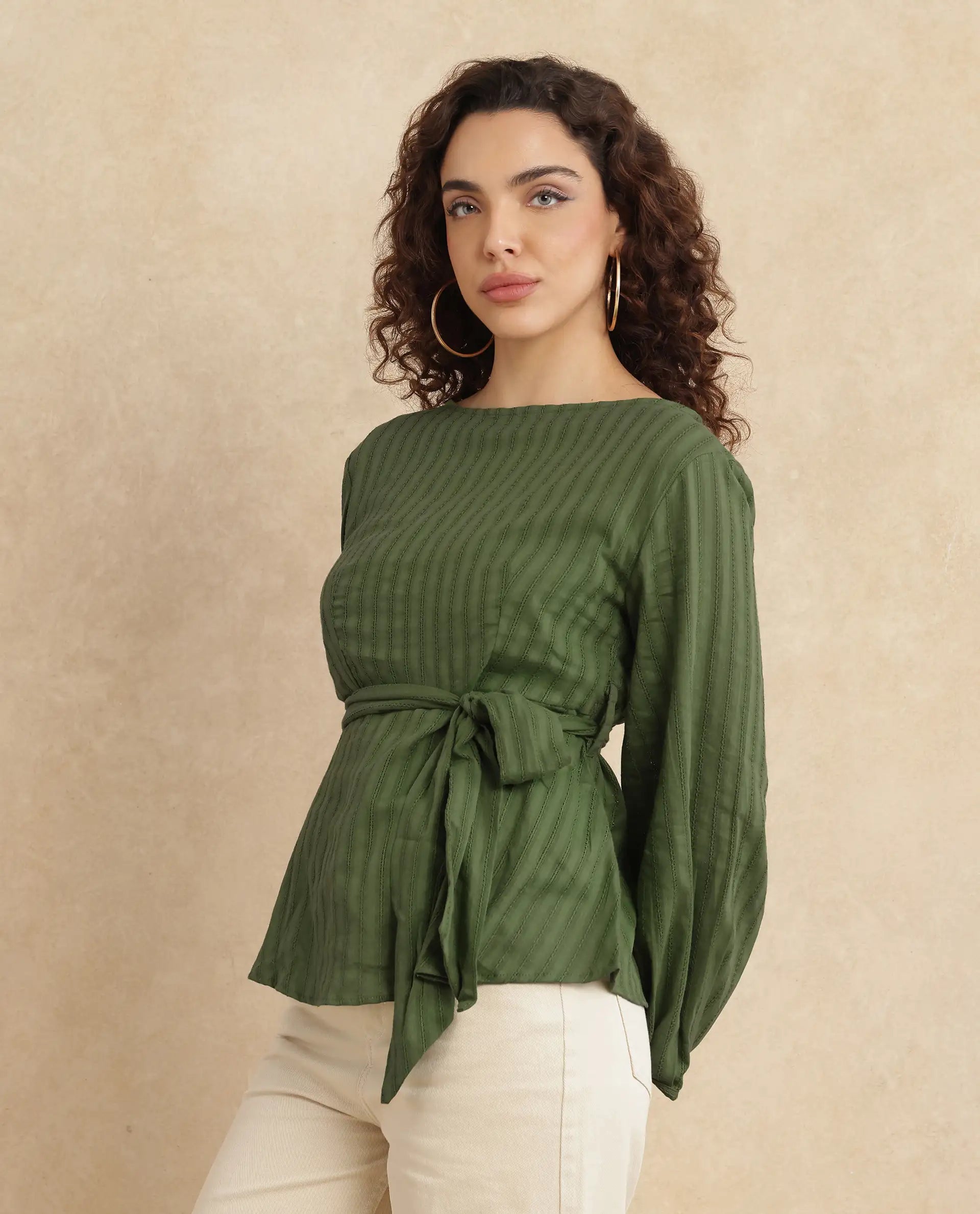 Rareism Women Rono Green 100% Cotton Fabric Cuffed Sleeve Ruffled Neck Regular Fit Plain Top