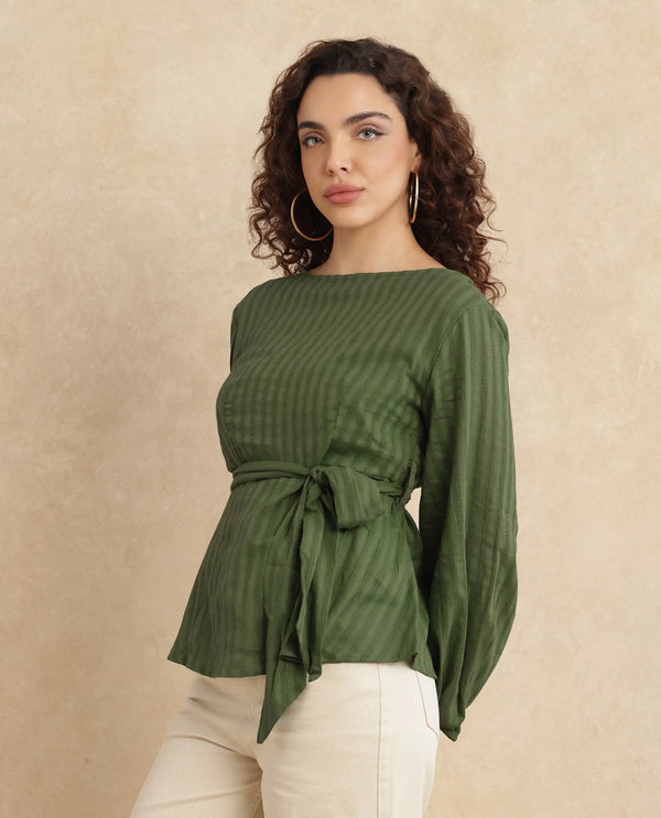 Rareism Women Rono Green 100% Cotton Fabric Cuffed Sleeve Ruffled Neck Regular Fit Plain Top