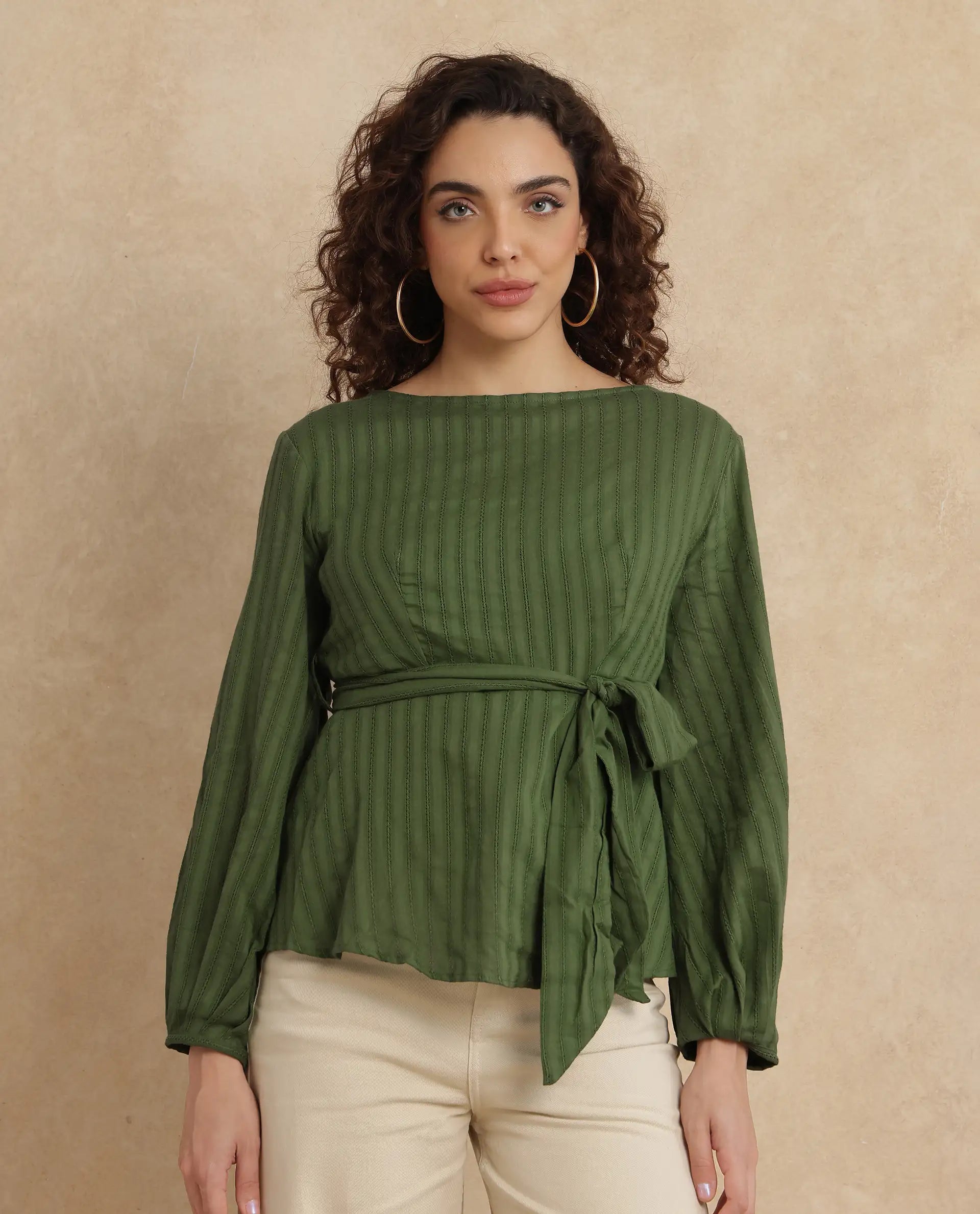 Rareism Women Rono Green 100% Cotton Fabric Cuffed Sleeve Ruffled Neck Regular Fit Plain Top