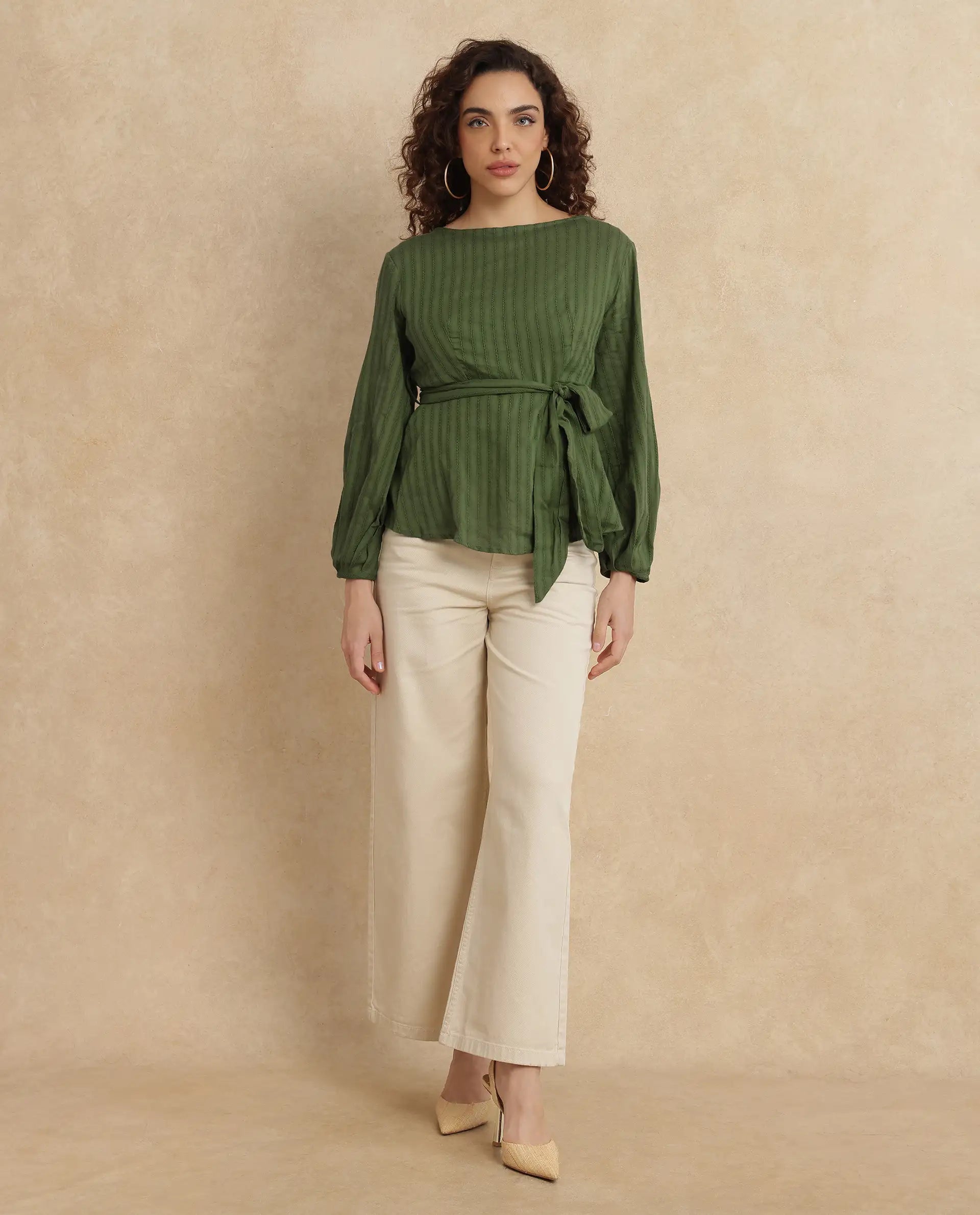 Rareism Women Rono Green 100% Cotton Fabric Cuffed Sleeve Ruffled Neck Regular Fit Plain Top