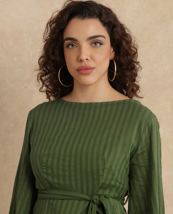 Rareism Women Rono Green 100% Cotton Fabric Cuffed Sleeve Ruffled Neck Regular Fit Plain Top