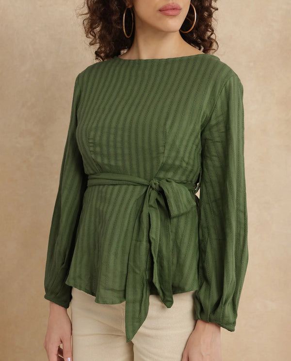 Rareism Women Rono Green 100% Cotton Fabric Cuffed Sleeve Ruffled Neck Regular Fit Plain Top