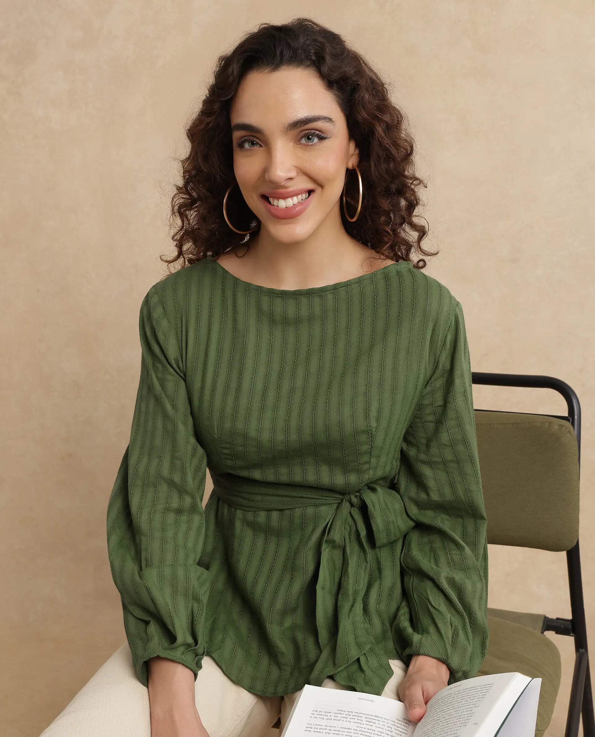 Rareism Women Rono Green 100% Cotton Fabric Cuffed Sleeve Ruffled Neck Regular Fit Plain Top