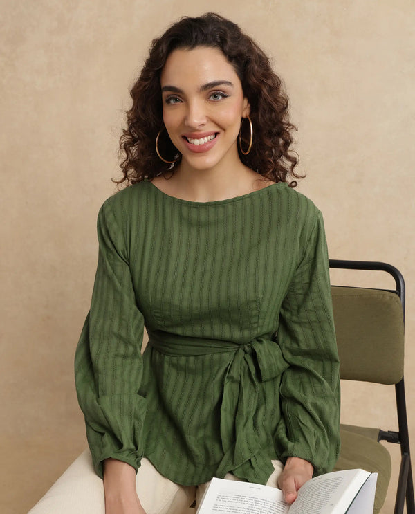 Rareism Women Rono Green 100% Cotton Fabric Cuffed Sleeve Ruffled Neck Regular Fit Plain Top